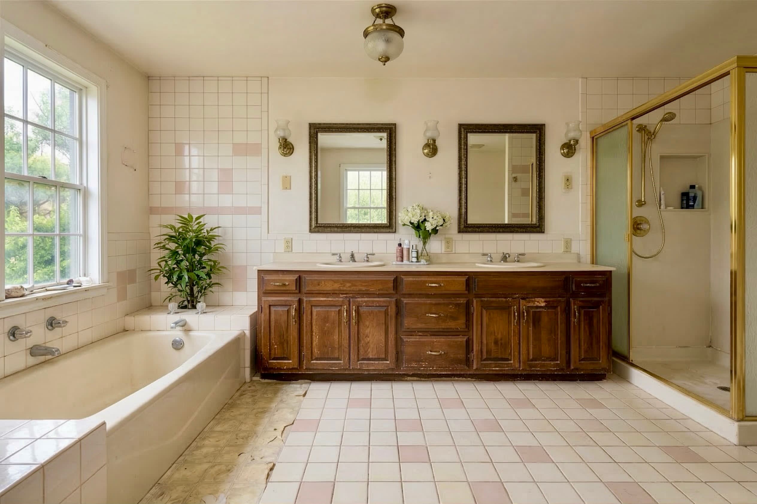 Bathroom before remodel — dated tile and dark wood vanity