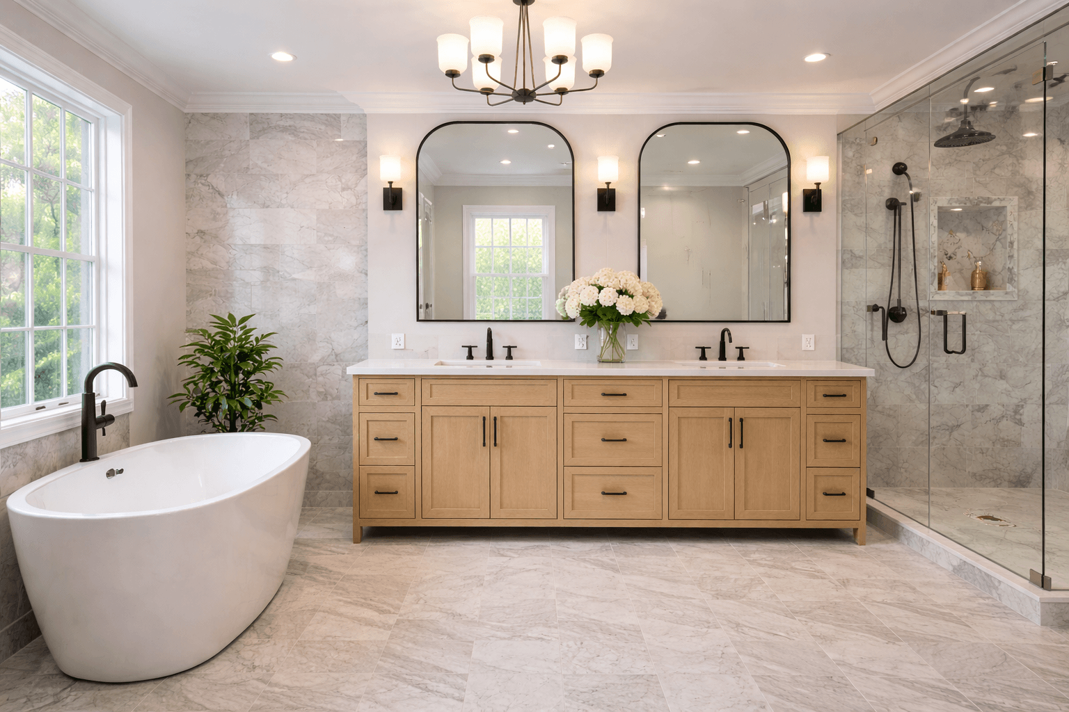 Bathroom after remodel by Norbilt — modern marble and freestanding tub