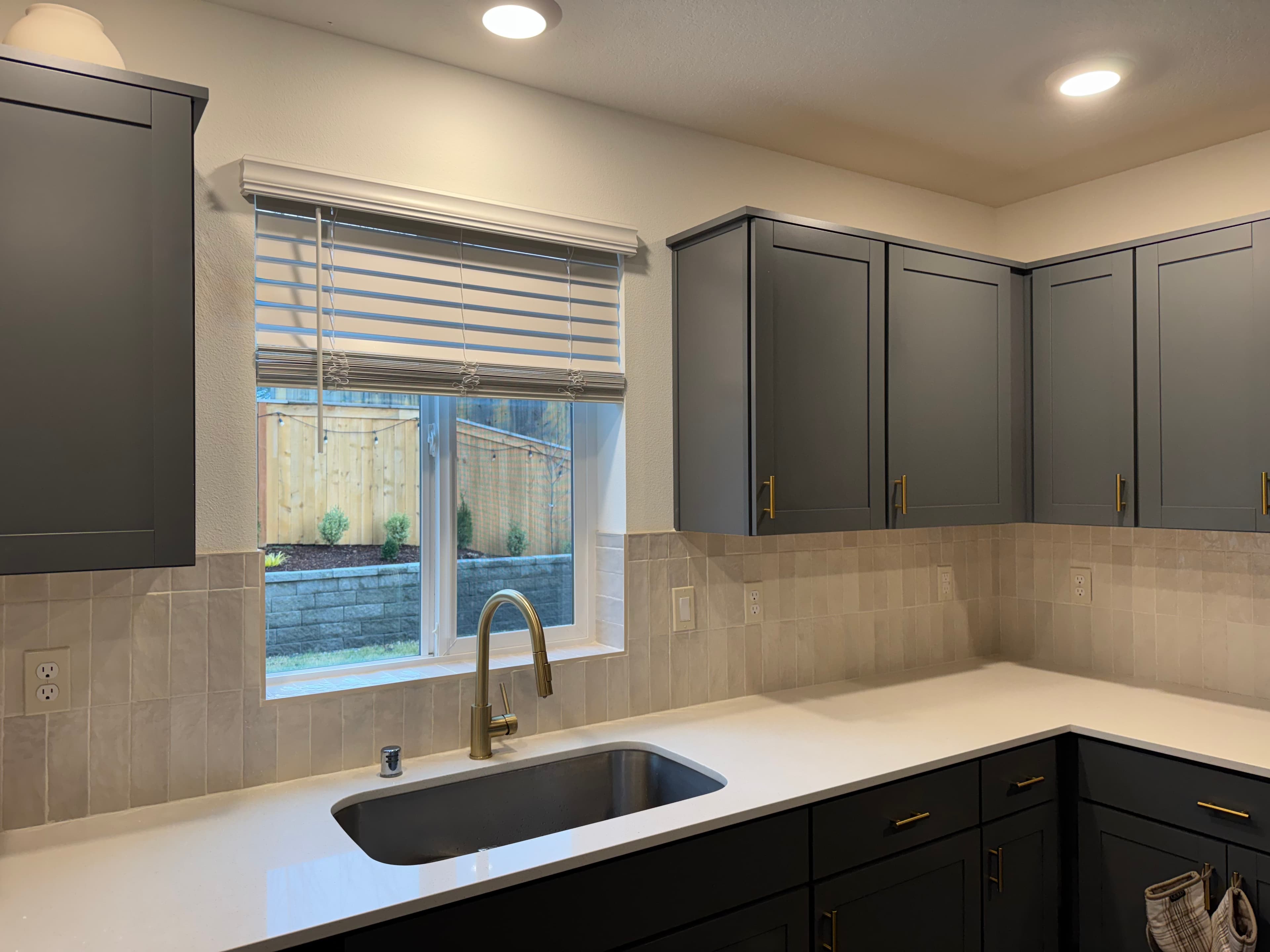 Full kitchen remodel gray cabinets gold hardware Vancouver WA